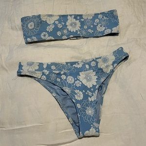 Triangl Selena Bikini, S Top - M Bottoms, blue and white floral jacquard